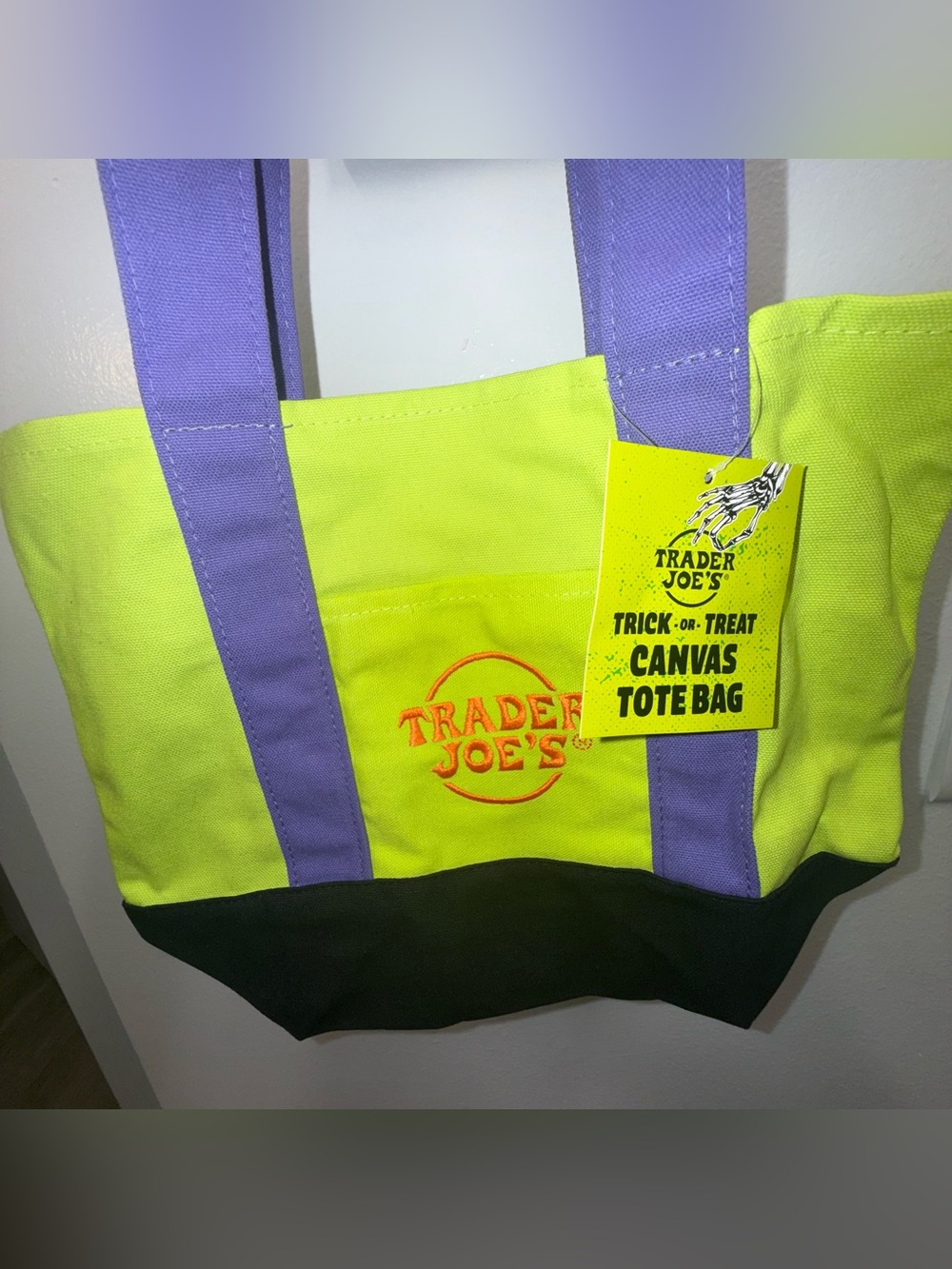 New Release Trader Joe’s Trick or Treat Canvas Tote Bag in Neon Green